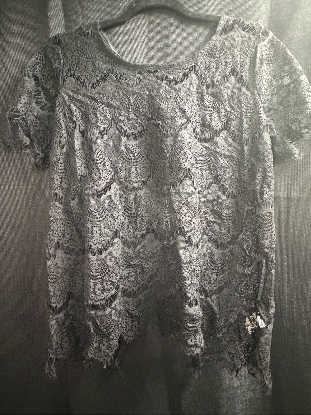 Lace Overlay Short Sleeve Top - Black
